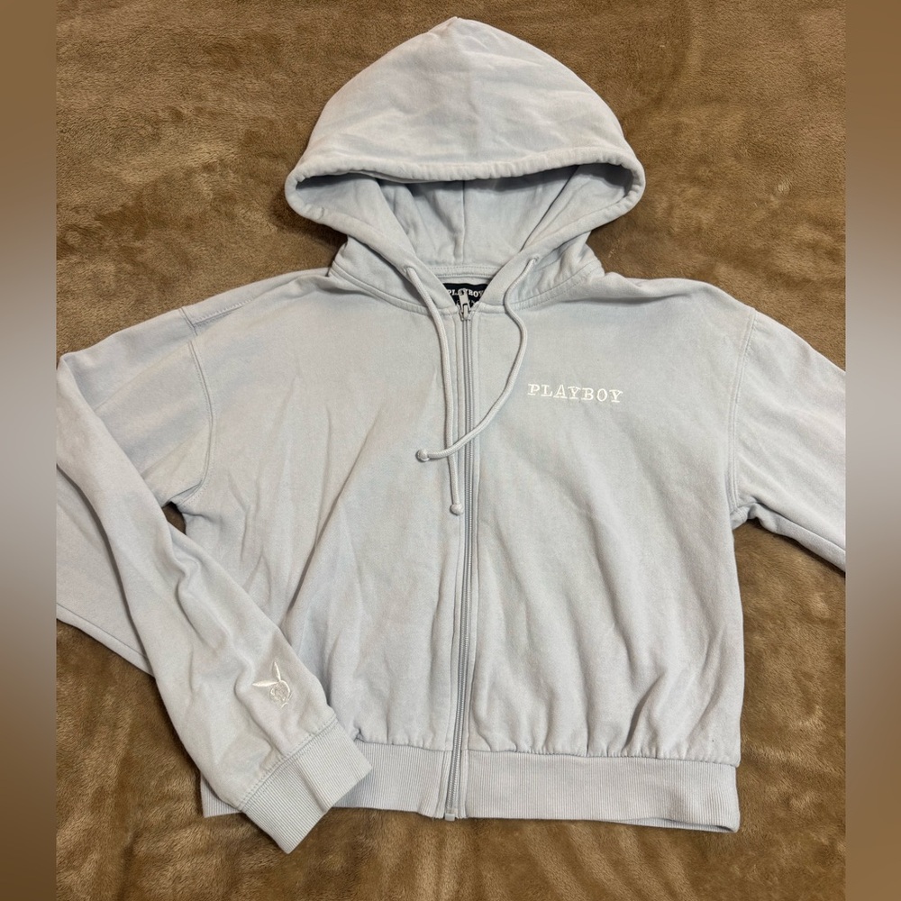 Playboy by PacSun Light Blue Zip-Up Crop Hoodie